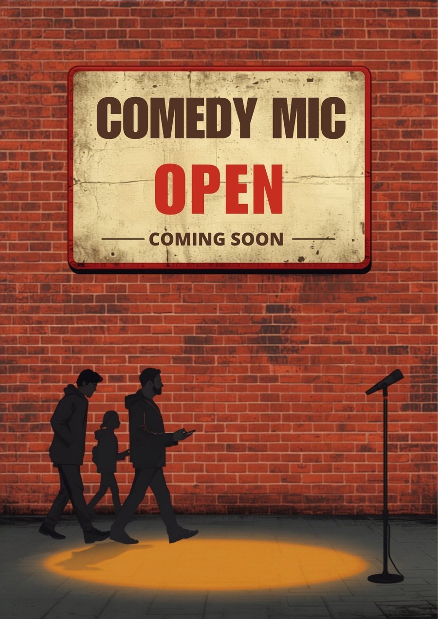 Tin Sign &mdash; vintage mural poster reading Comedy Mic Open, Coming Soon
