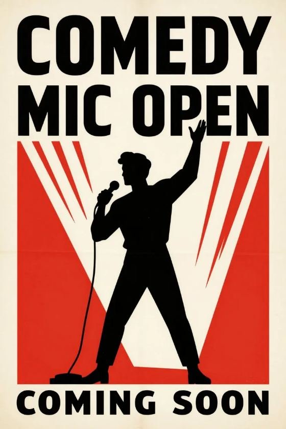 Red Block &mdash; constructivist poster reading Comedy Mic Open, Coming Soon